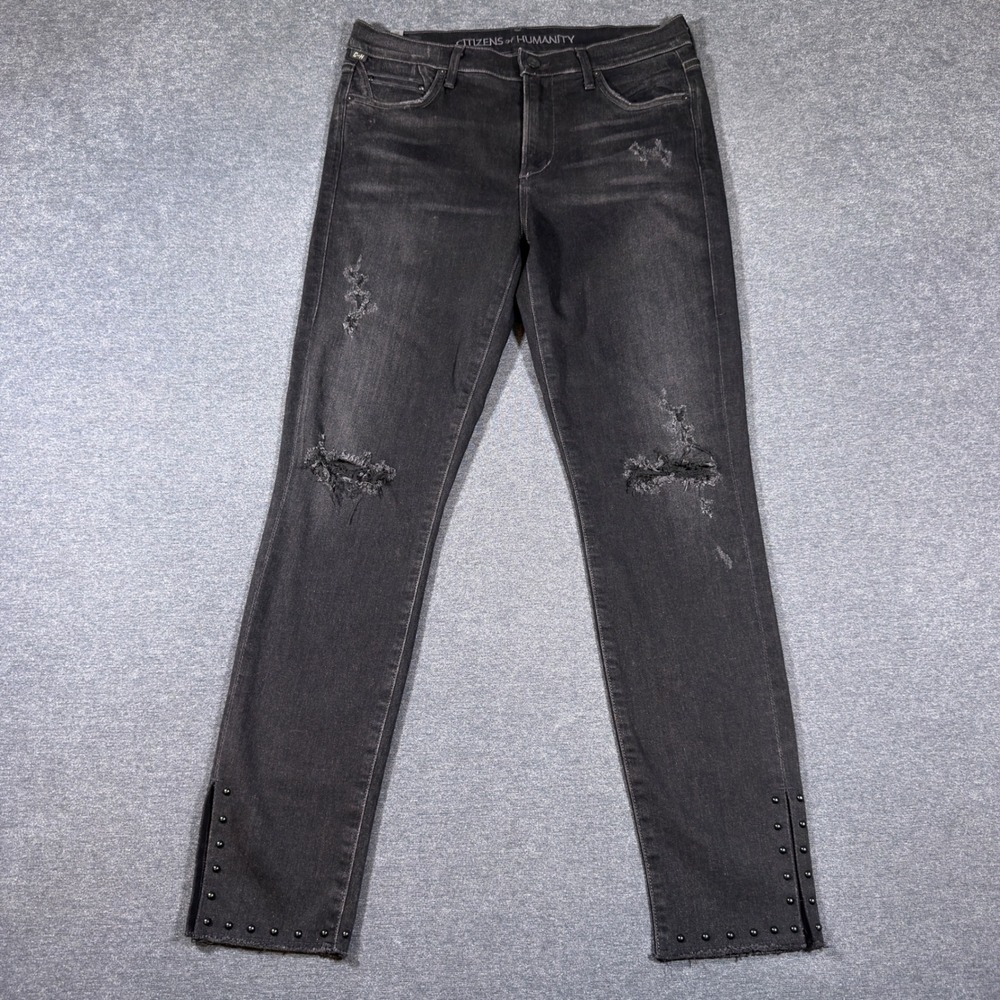 Citizens of Humanity Rocket Jeans Women 28 Black High Rise Distressed Studded